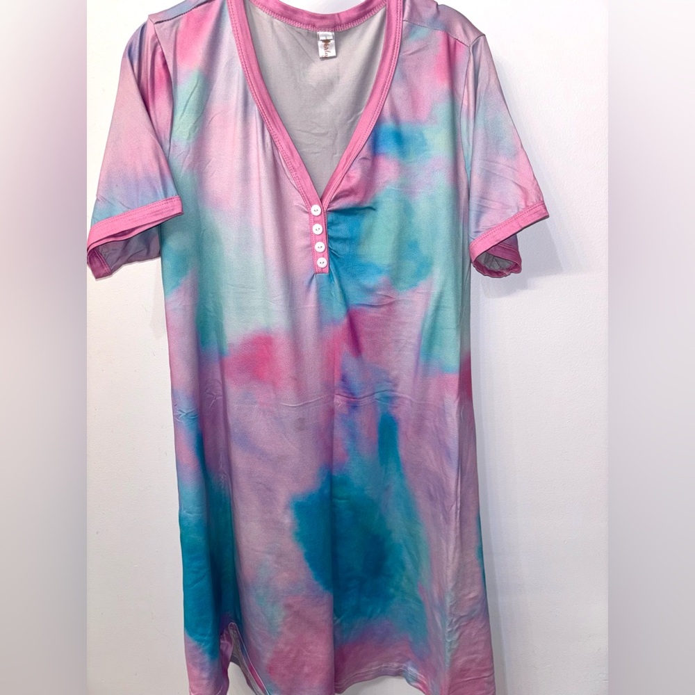 Tie-Dye Short Sleeve Sleep Dress - Pink & Teal